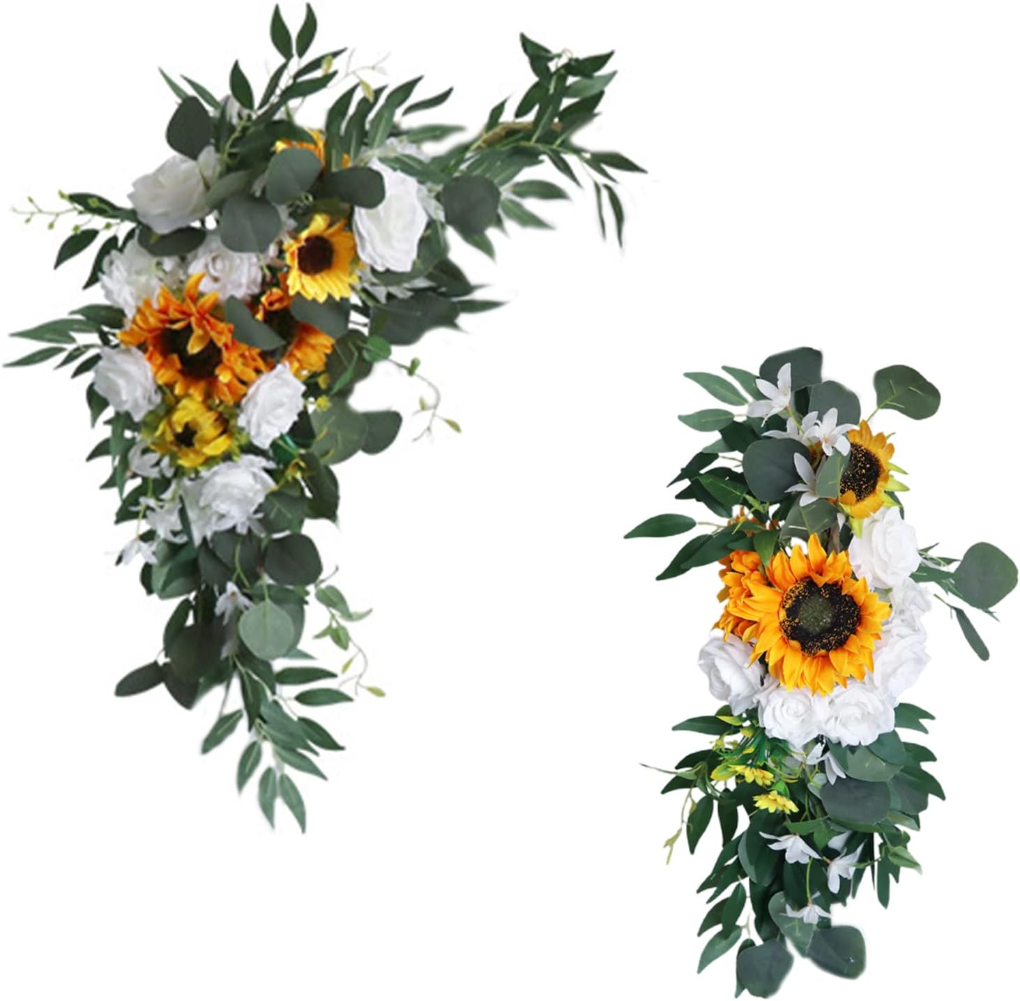 Wedding Arch Flowers, Rustic Artificial Floral Swag with Sunflower and White Rose, Artificial Sunflower Swag for Wedding Home Lintel Arch Centerpiece
