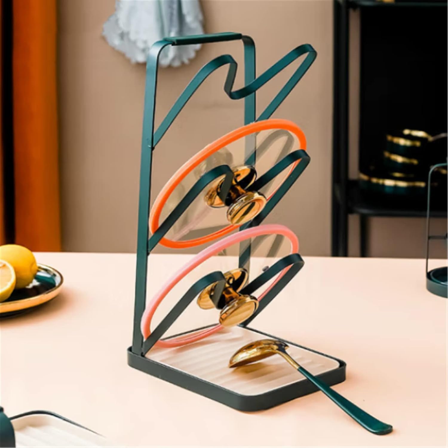 鍋置きラック 鍋蓋置き ポット蓋ラックスパチュララックカウンタートップキッチンポットの蓋 多機能 蓋収納 ラック (色 : 緑, S