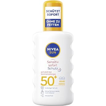 NIVEA SUN Sensitive Instant Protection Sun Spray SPF 50+ Sun Lotion with SPF 50+ for Sensitive Skin Waterproof & Fragrance-Free Sun Protection for Sun Allergy 200 ml