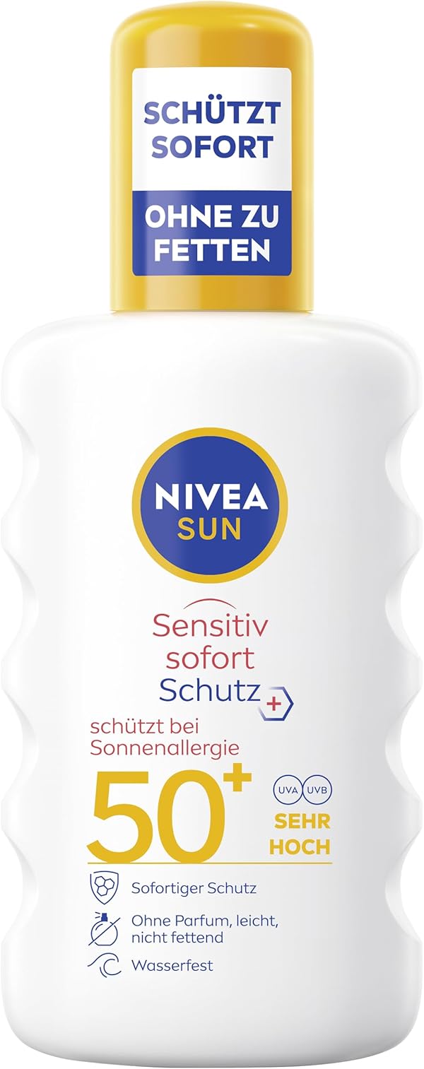 NIVEA SUN Sensitiv Sofort Schutz Sonnenspray LSF 50+, Sonnenmilch mit LSF 50+ für empfindliche Haut, wasserfester & duftfreier Sonnenschutz bei Sonnenallergie (200 ml)