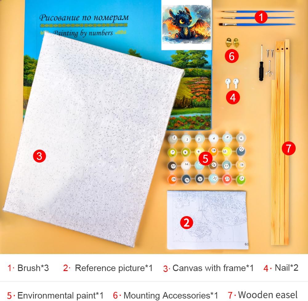 DIY Paint by Number Kits for Adults Beginner Wall Paint by Numbers Dragon Painting by Numbers Artwork Dragon Baby Cub Paint by Numbers Kits Crafts for Living Room Wall Decor 16x20 in (Framework)