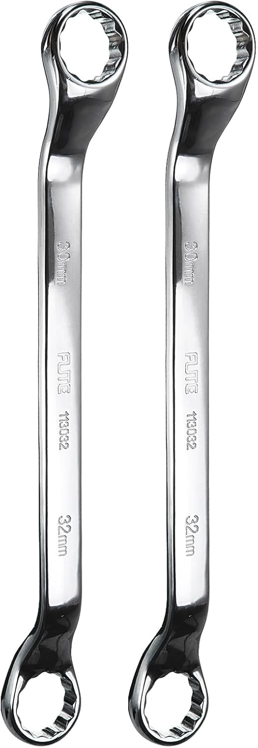 HARFINGTON 2pcs 45 Degree Offset Box End Wrenches 30mm x 32mm Metric 12 Point Mirror Chrome Plated CR-V Steel Double Box Wrenches Long Industrial Grade Torx Box Wrench Repair Tool