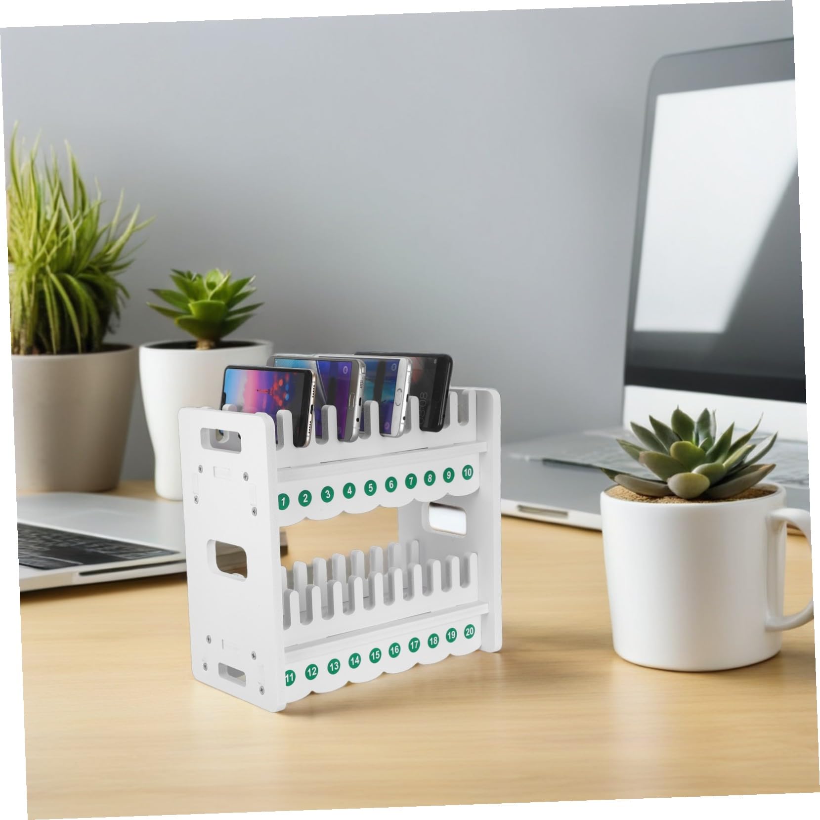 WOONEKY Supporto Plastica con Compatibilità e in Stabile Struttura Bianca Multi-livello per Cellulare da Scrivania per Uso in Ambienti Retail e Feste