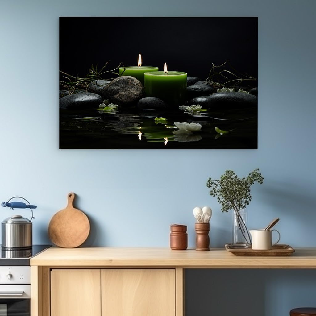 Canvas for Living room. Enlightened Serenity: Illuminating Calm with Green Candles and Dark Stones, 27 x 18 inch Canvas Wall Art - Contemporary Masterpieces - Modern Home Decor - 69x46 cm (27x18 inch)