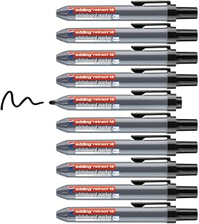 edding 12 Retract whiteboard Marker - Black - 10 whiteboard pens - Round Nib 1.5-3 mm - Capless Design - for one-Handed use on whiteboards, flipcharts, Magnetic Boards, pinboards, memo Boards