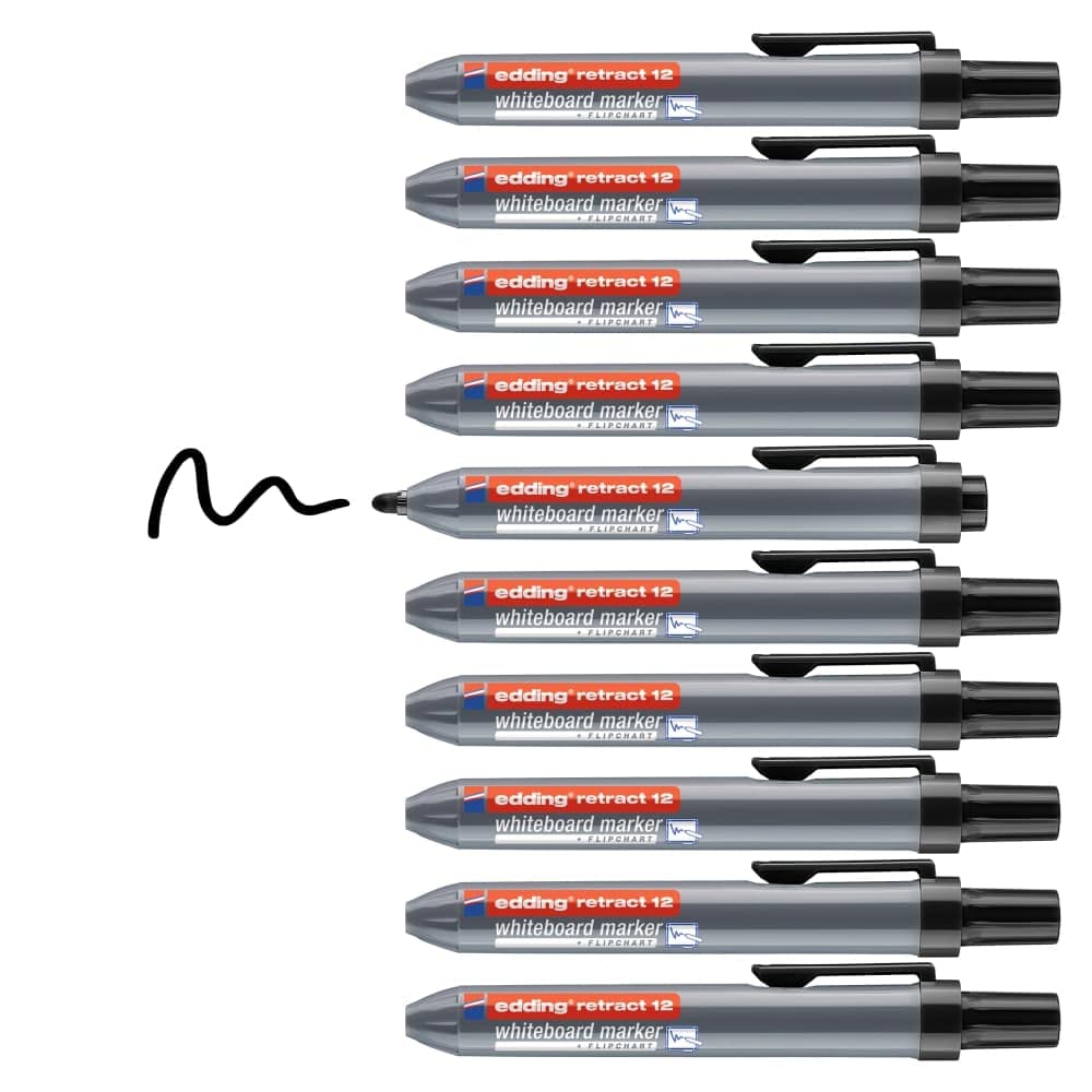 edding 12 Retract whiteboard Marker, Black, 10 whiteboard pens, Round Nib 1.5-3 mm, Capless Design