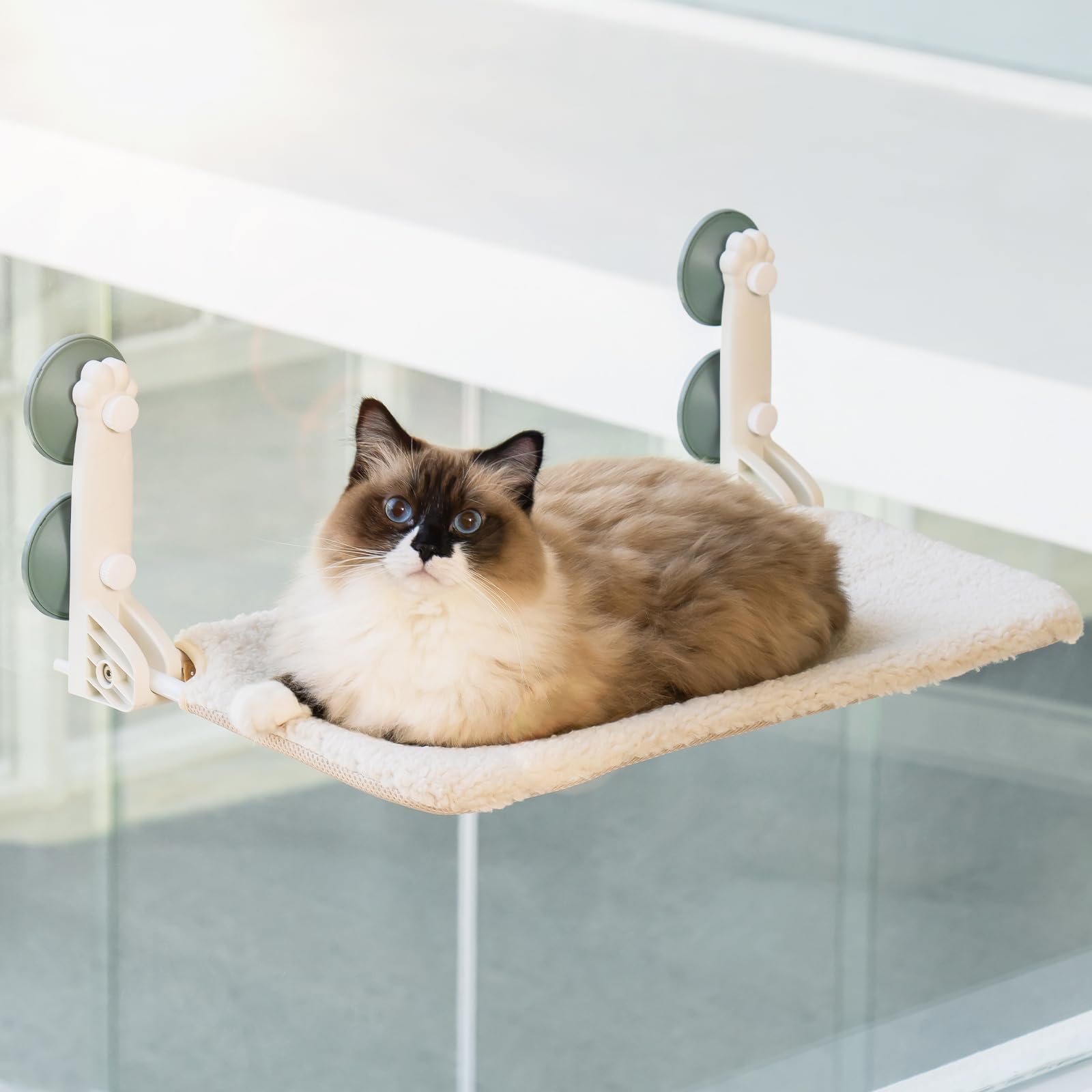 MEWOOFUN Plegable Hamaca Gato Ventana | Cama Gatos con Ventosa Fuerte Alfombra Reversible | Cama para Gatos | Soportar hasta 18kg (Beige M Paw-52x30x20cm)