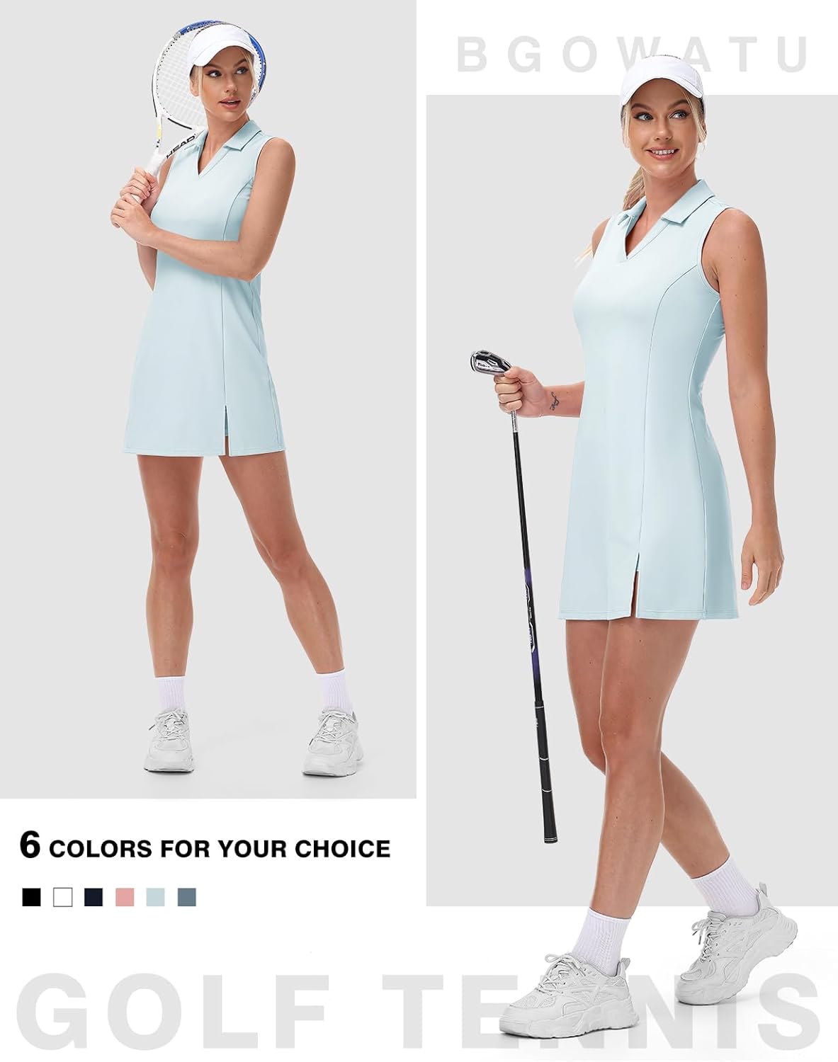 BGOWATU Women's Tennis Dress Sleeveless Collared V Neck Golf Polo Dress Side Slit Sports Dress with Shorts and Pocket - Image 7