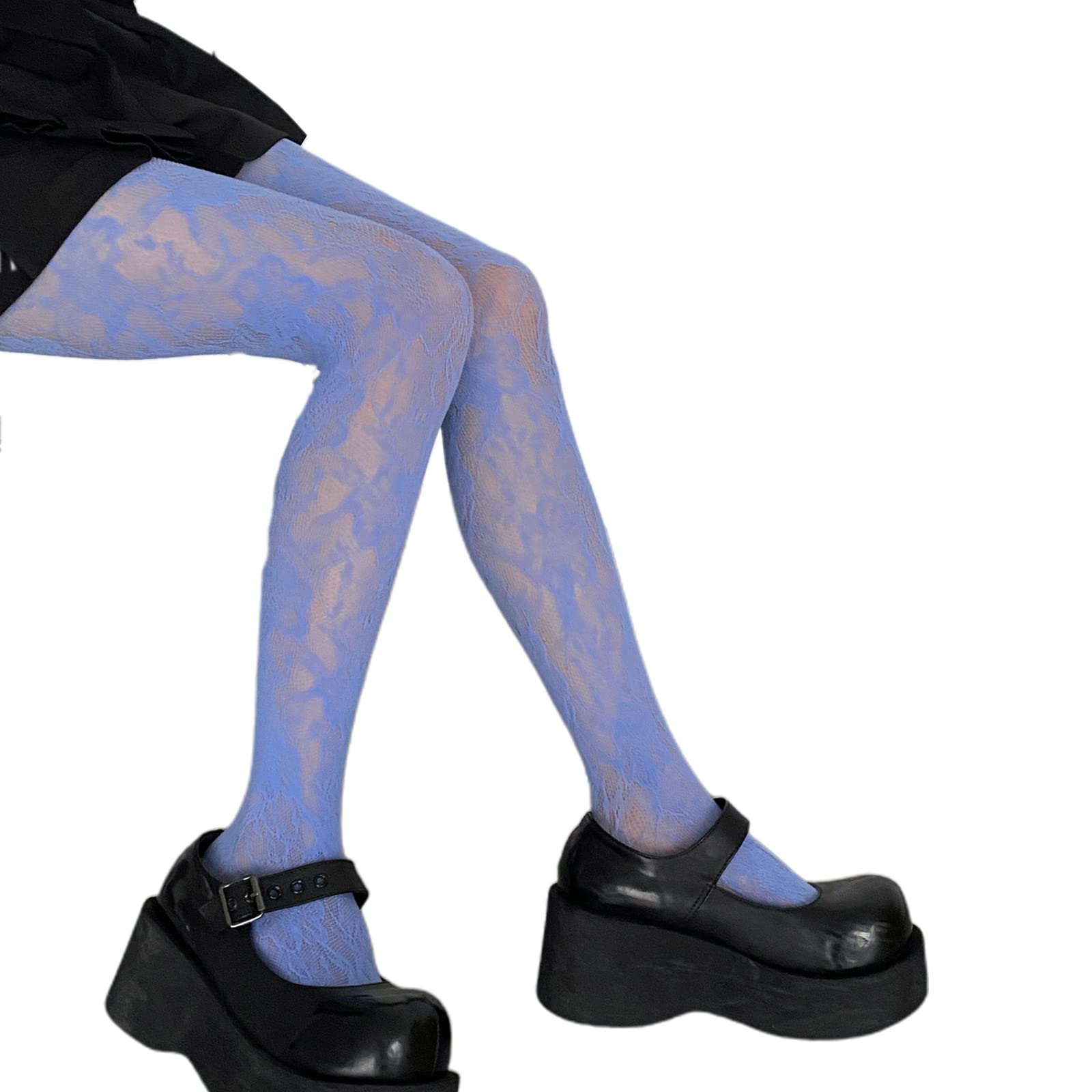 Pitadue Women's Blue Fishnet Pantyhose Gothic Preppy Multicolored Floral Lace Patterned Sheer Mesh Tights Stockings