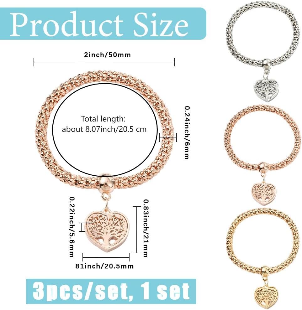 SUNNYCLUE 3Pcs Multilayer Stretch Bracelet Tree of Life Bracelets Set Love Heart with Tree Charms Gold Silver Rose Gold Lucky Fashion Multi Layered Jewelry for Women Adults Gifts Birthday Christmas - Image 2
