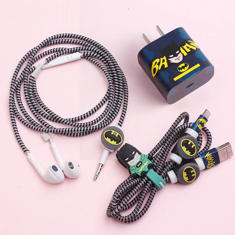 Image of Careflection 6-in-1 Multi Combo Spiral USB Cable Protectors + Earphones Winder + Sticker + Cable Clips + Earphone Jack Clip for New 20W Apple iPhone iPad Charger (Batman)