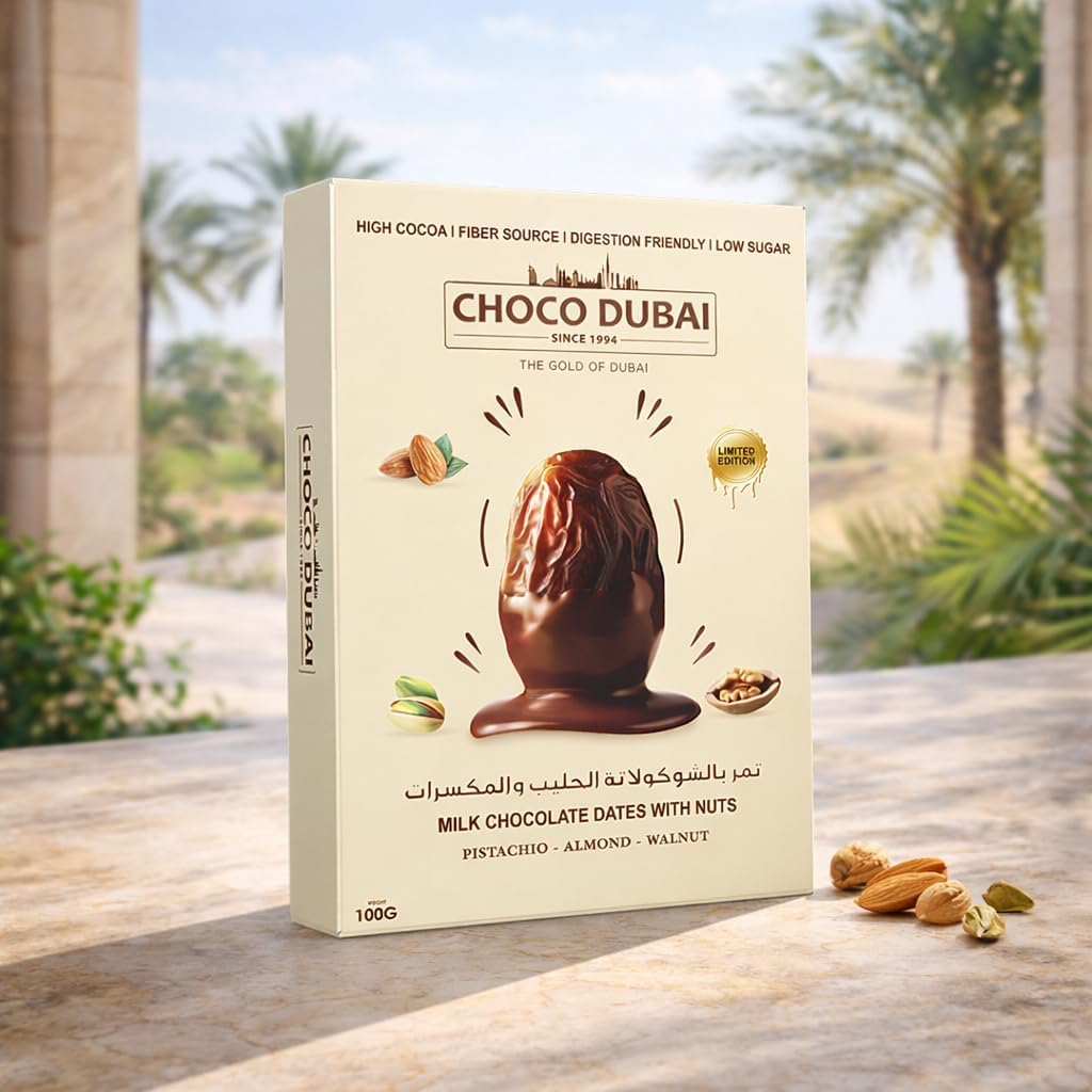 Milk Chocolate Covered Dates with Nuts – Pistachio, Almond & Walnut | Premium UAE Gift Box (100g)