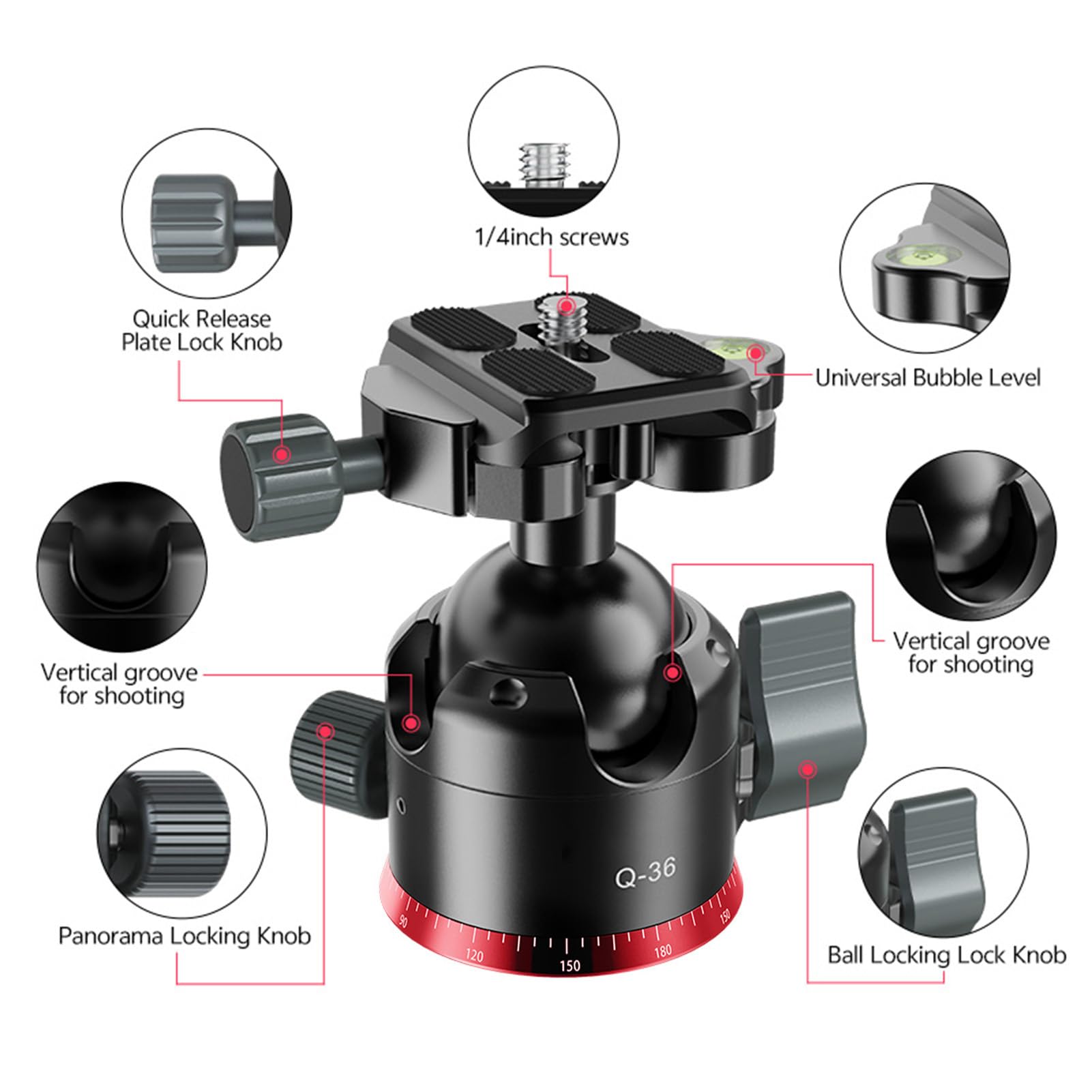 Garsent Testa a Sfera per Treppiede, Testa a Sfera per Treppiede a Basso Profilo 36 Mm con Piastra di Rimozione Rapida da 1/4 ", capacità di Carico Fino a 15 Kg, Panoramica Rotante a