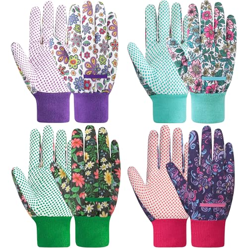 DOFOWORK Gardening Gloves - Garden Gloves for Women 4 Pair, Soft Womens Gardening Gloves Floral Cute Garden Gloves for Ladies Yard Garden Glove with PVC Dots