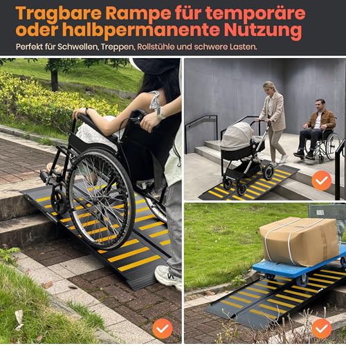 XARILK 123 cm Rollstuhlrampe mit Griff, rutschfeste Aluminium-Schwellenrampe, klappbare Rollstuhlrampe für Treppen, Türschwellen, für Rollstühle und Rollator, Tragfähigkeit bis 360 kg