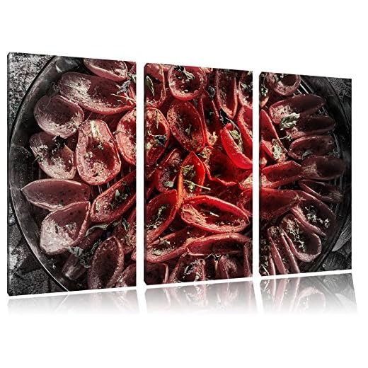 Pixxprint tomates séchées au Soleil avec Le Basilic à l'huile d'olive et d'herbes B & W détail 3 pièces Toile Image 120x80 Image sur Toile