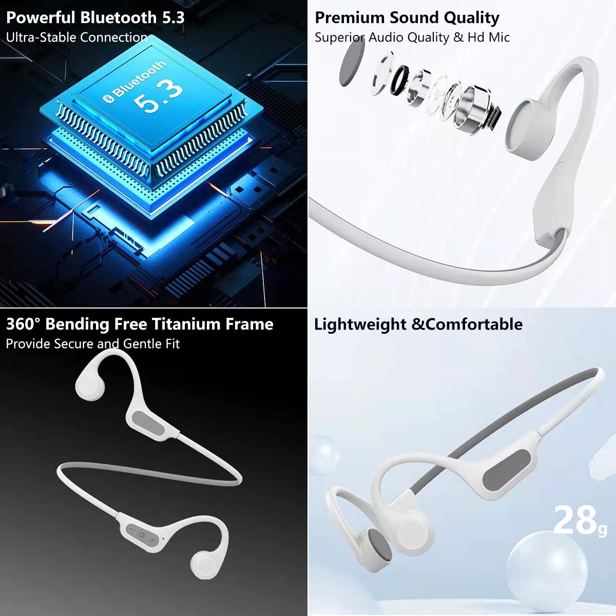 Vero Auricolari Sportivi Senza Fili Conduzione Ossea Cuffie Bluetooth Wireless Impermeabili IP56, Orecchio Aperto Auricolare Stereo, Leggero Cuffie da Corsa Senza Fili Cancellazione del Rumore White
