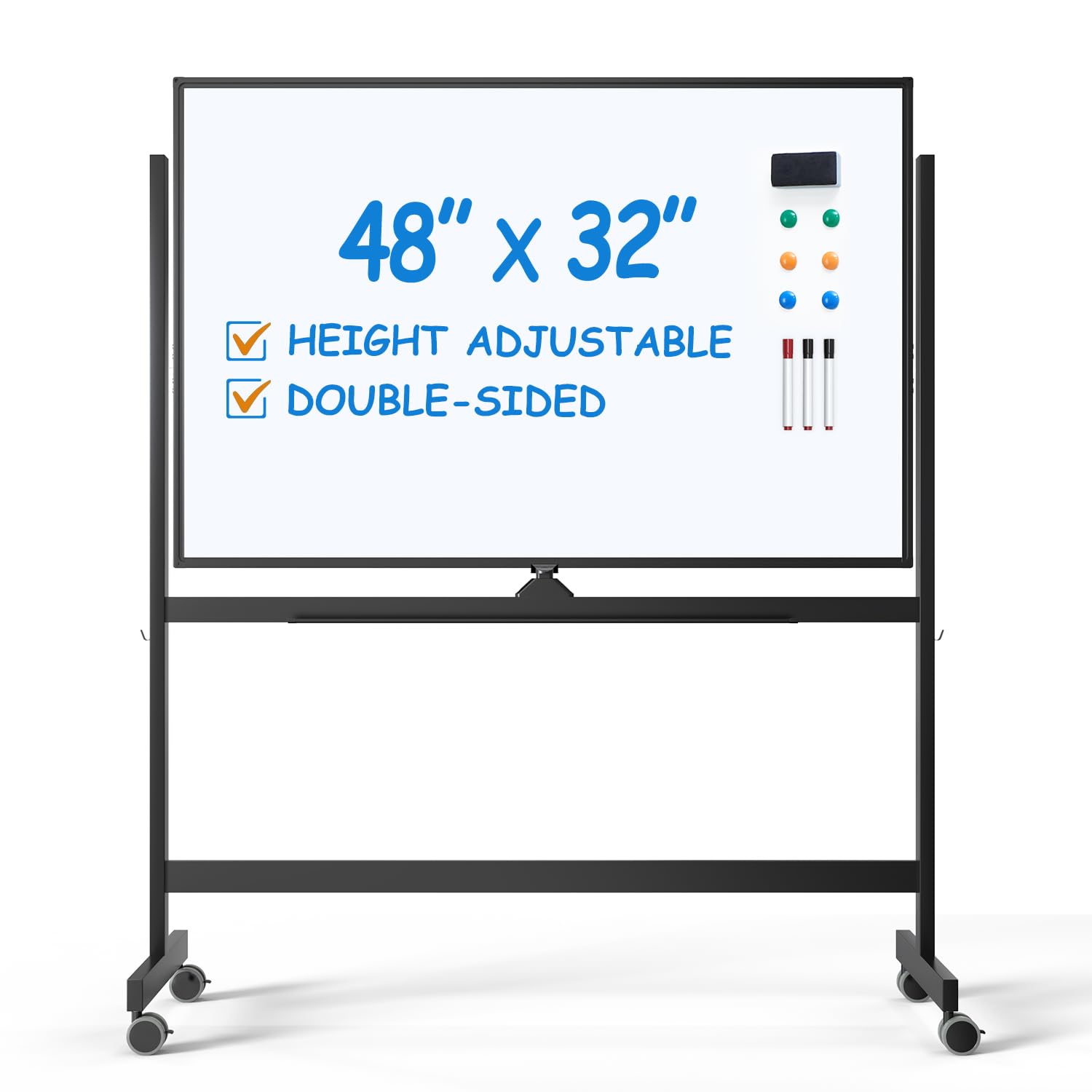 Large Dry-Erase Rolling Magnetic Whiteboard - 48 x 32 Inches White Board Height Adjust Double Sides Mobile Portable Easel on Wheels, Dry Erase Board with Stand for Office, Home & Classroom