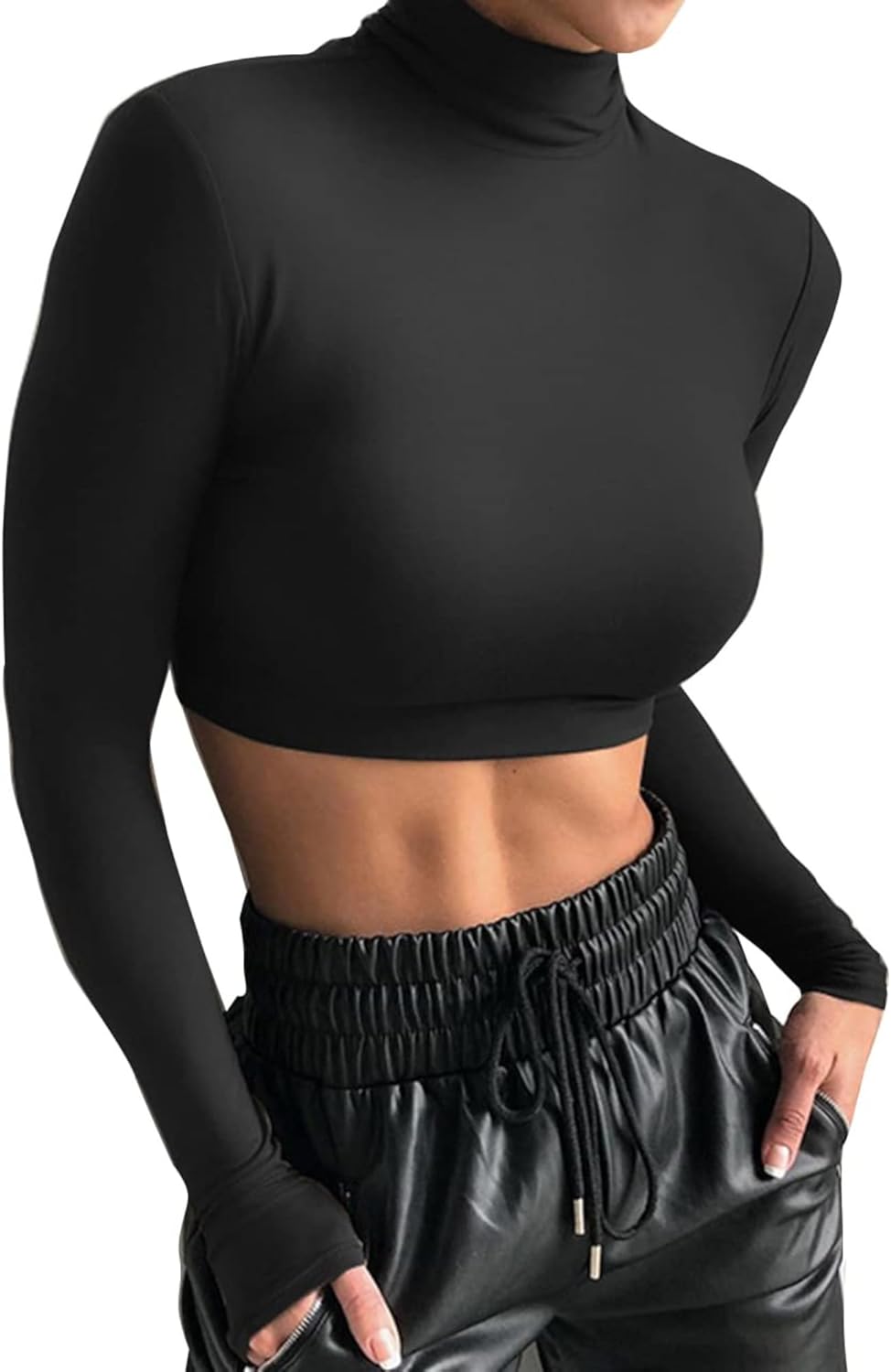 GEMBERA Women's Long Sleeve Turtleneck Crop Tops Fitted Basic T Shirt Top - Image 2
