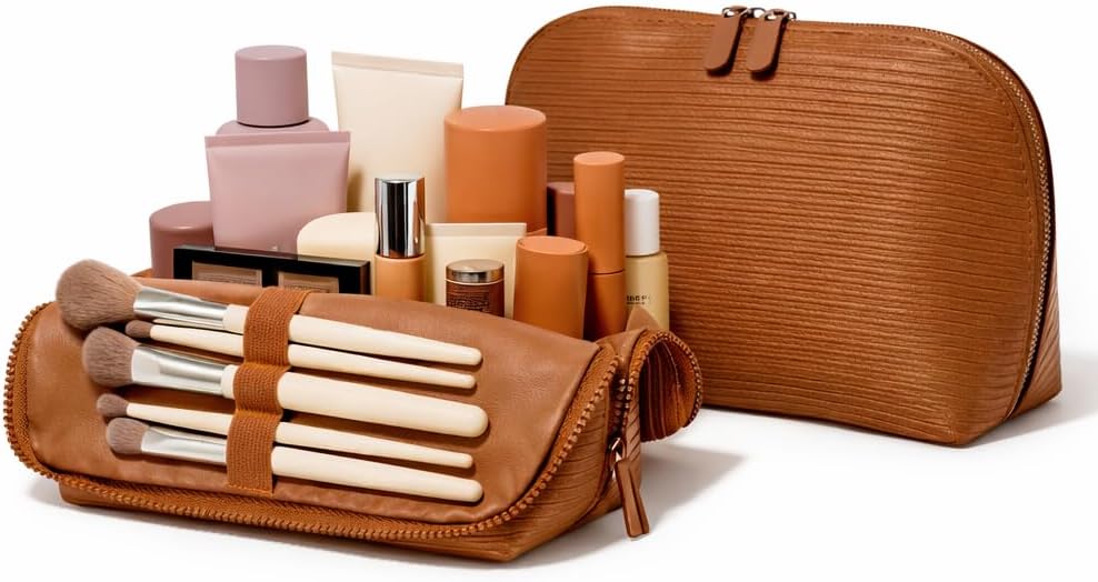 APT 1101 Large Standing Foldable Makeup Bag for Travel, Vertical Folding Down Design, Organized Cosmetic & Skincare Bag for 2–4 Week Trips (Chocolate)