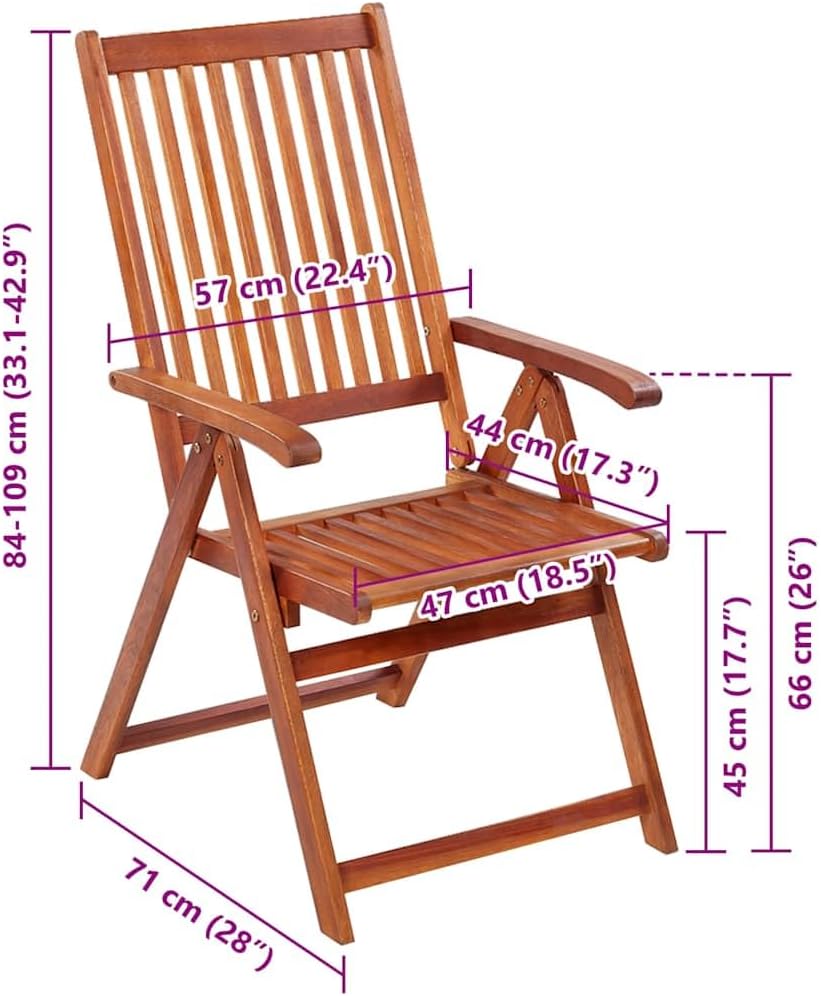 Detailed diagram showing the dimensions of the vidaXL Patio Folding Chair in both centimeters and inches.