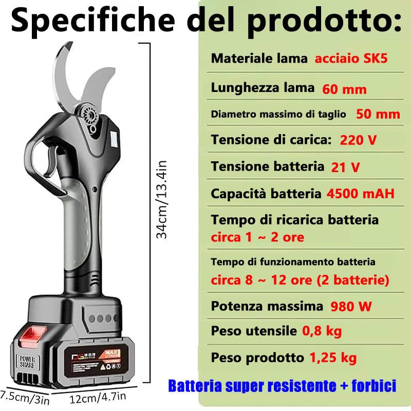 Forbice Potatura a Batteria 50mm con Asta di Estensione: Cesoie Potatura Elettriche Professionali con 4500 mAh Batteria - Forbice Elettrica per Potatura conCassetta degli attrezzi nera,2batteries