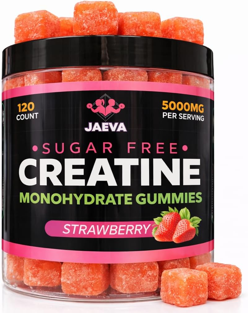Jaeva Sugar Free Creatine Monohydrate Gummies 5g, 5000mg for Men & Women, Strawberry - 120 Count, Pre Workout for Energy Boost, for Building Muscle and Strength, Vegan, Non-GMO, 3rd Party lab Tested