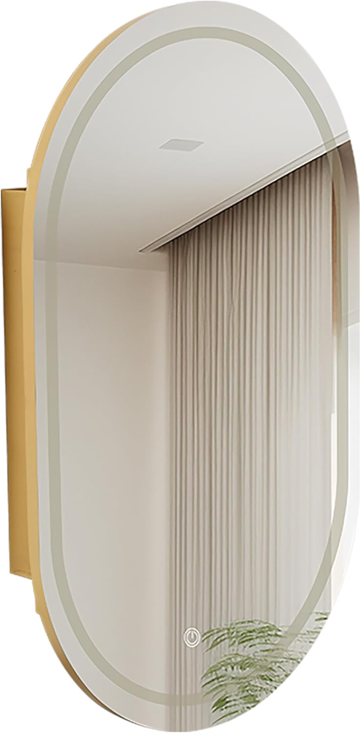 Oval LED Mirror Medicine Cabinet, Wall Mounted Bathroom Storage Cabinet with Tempered Glass Shelves, Metal Frame, Touch Control, 3 Color Temperature Dimmable Lighting, 33.5 x 21 Inch (Gold)