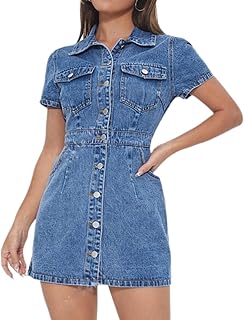 Lachmose Women's Denim Dress Short Sleeve Jean Dress Button Down Babydoll Denim Shirt Dresses