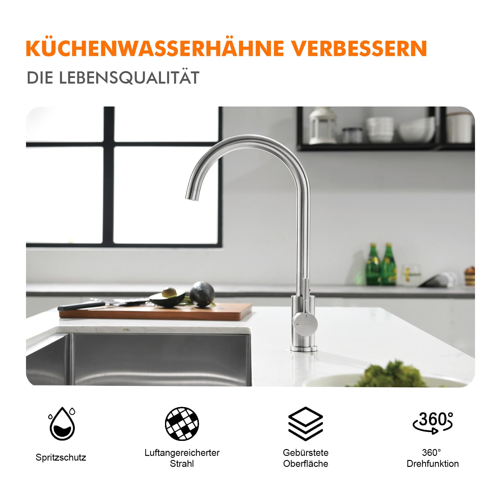 GRIFEMA G4008 Kitchen Sink Taps Mixer with Single Lever High Arc 360°Swivel, Stainless Steel Kitchen Mixer Taps 1 hole with Chrome Finish, Classic Design[Energy Class A+]