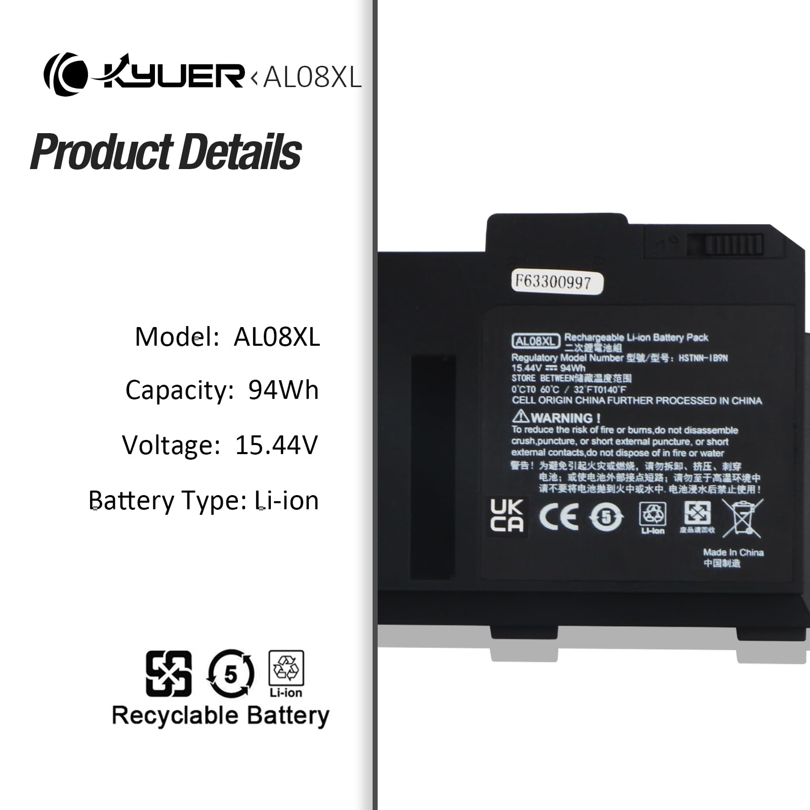 K KYUER AL08XL Laptop Batteria per HP ZBook Fury 15 G7 G8 15.6" ZBook Fury 17 G7 G8 17.3" Mobile Workstation Series AL08094XL L86212-001 HSTNN-OB1S HSTNN-IB9N L86155-AC1 L86155-1C1 W-10885M i9-10885H
