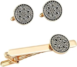 Funny Golden Mens Flower Fire Pattern Round Cufflinks&Tie Clip Set | Party Jewelry Accessories