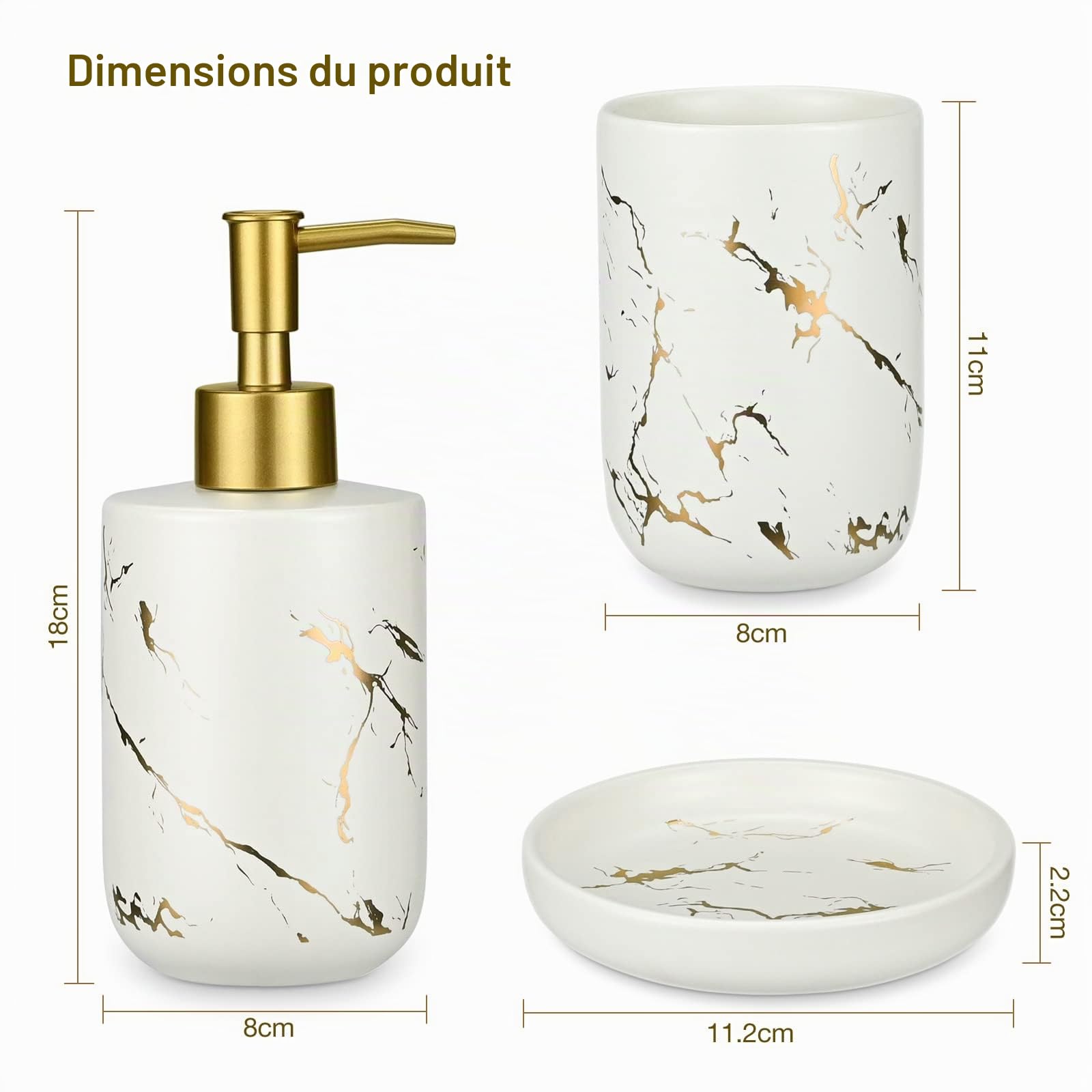 Ensemble d'accessoires salle bain,4pcs en céramique,ensemble d'accessoires bain luxe en marbre,2 porte-brosse à dents,gobelet + distributeur savon liquide ou lotion + JTOO-3309 Blanc