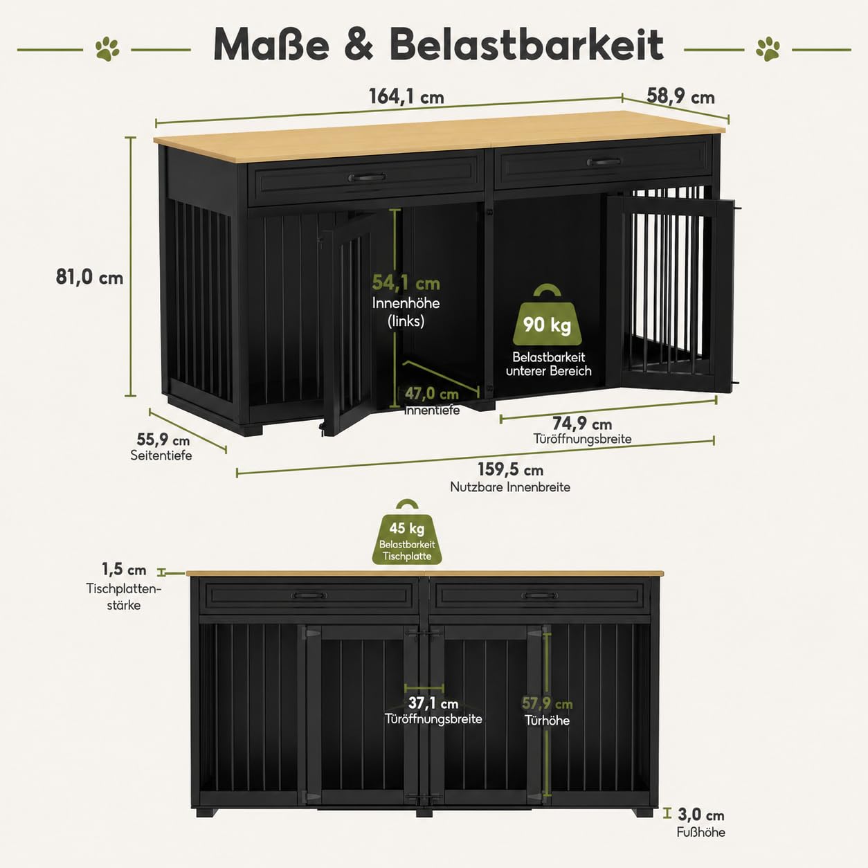 Hundekäfig für Zuhause, Eisen Hundebox,Hundebox XXL,Hundehütte Hundekiste für den Innenbereich,PB-Brett + Bügeleisen mit 2 Türen 164 x 80 x 60 cm, Metall, Schwarz