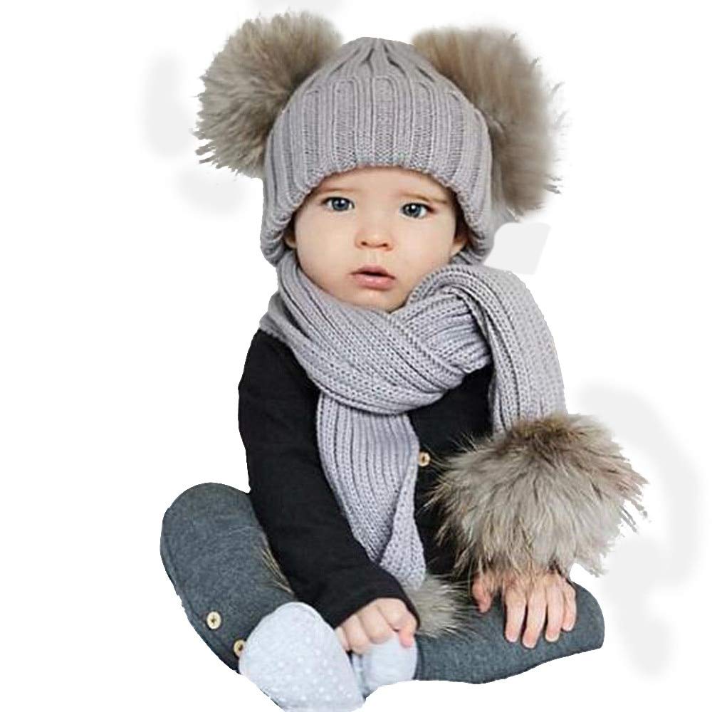 Sombrero para Bebé + Bufanda Piel Real GRIS 1-3 Años Gorra PON PON Doble desmontable Niña Niño BrillaBenny