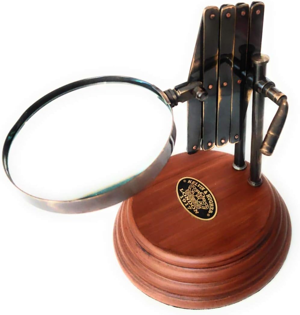 Vintage Style Desk Top Channer Magnifier Nautical Brass Magnifying Glass on Wooden Stand