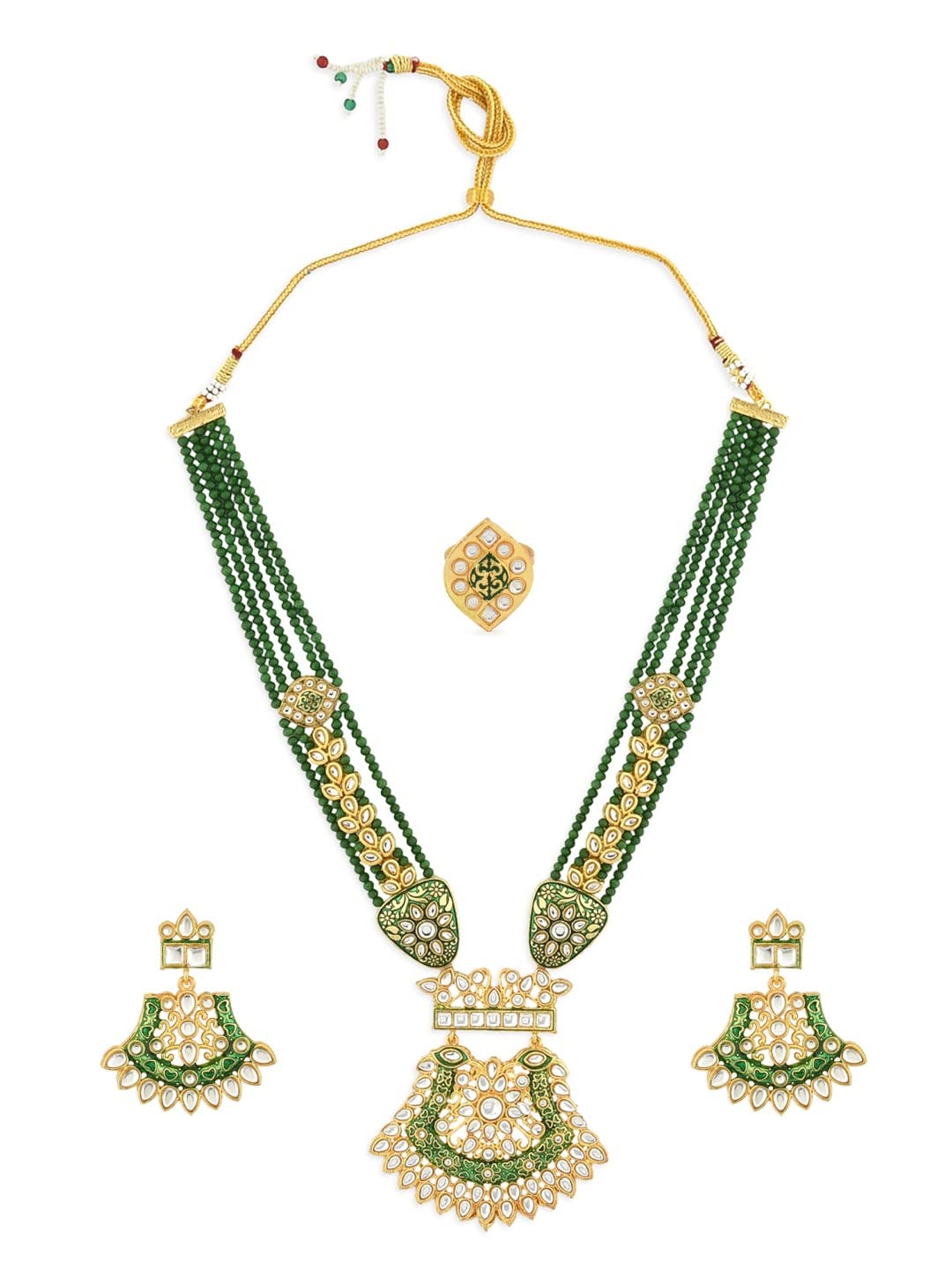 ZAVERI PEARLS Green Meenakari Long Multistrand Beaded Bridal Necklace Earring & Ring Set For Women-ZPFK12206 (B09RQM3MPP) Amazon Price History, Amazon Price Tracker