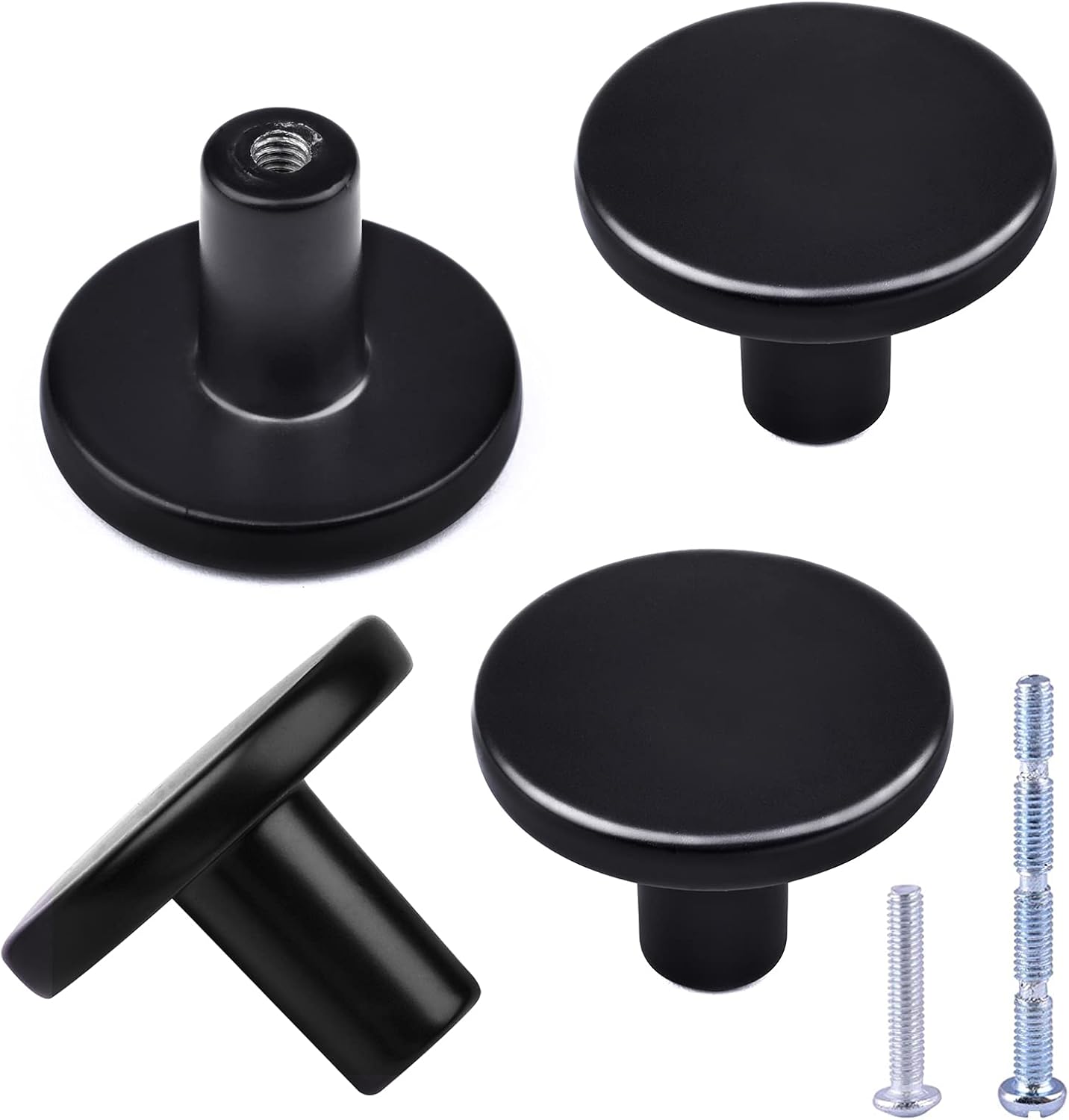 Matte Black Kitchen Cabinet Knobs Round Drawer Knob 1-1/4" Single Hole Zinc Alloy Dresser Knobs Used for Kitchen Cabinet Hardware, Pack of 4