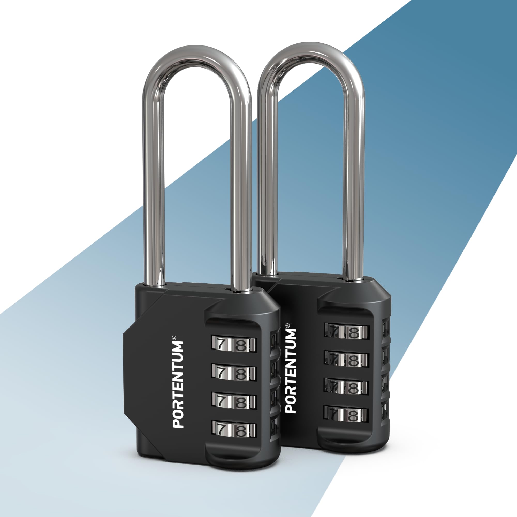 PORTENTUM Combination padlock long shackle 4 digit – Pack of 2 – Padlocks with code for gym lockers cabinets gates and sheds – Outdoor padlock weatherproof black with zinc alloy body and steel shackle