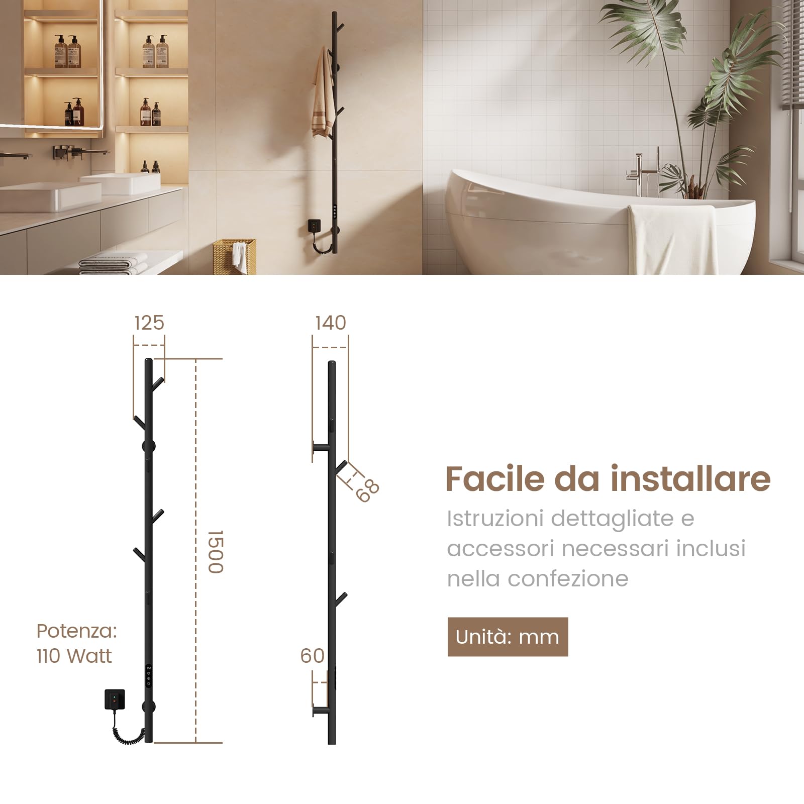 EMKE Scaldasalviette Elettrico da Bagno, Portasalviette Riscaldato con 6 Ganci, Nero