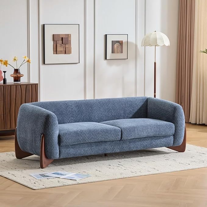 Image of Upholstered 3 Seater Sofa Three Seater Sofa with Wooden Legs for Living Room Hotels & Offices (3 Seater Blue)