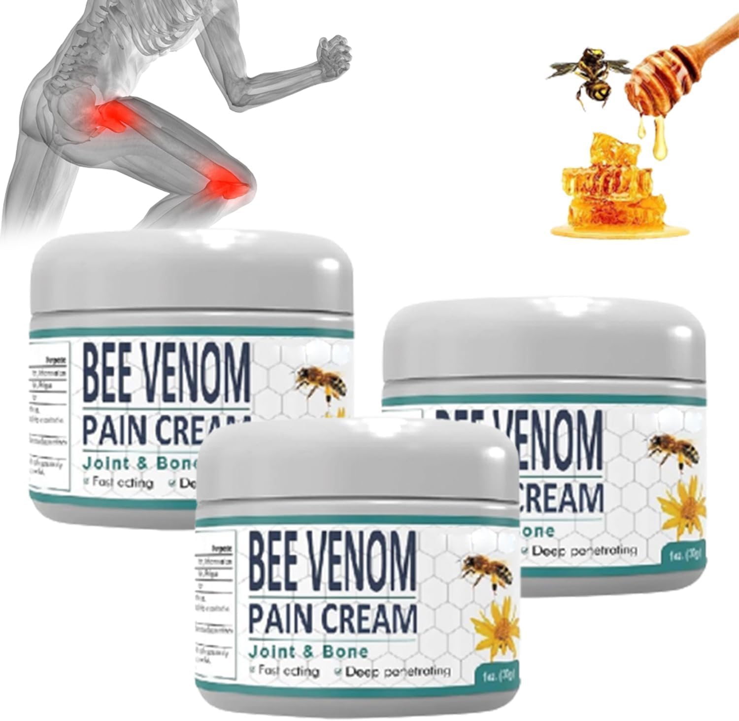 WOLWES 3pcs Bee Venom Pain and Bone Healing Cream, New Zealand Bee Venom Joint and Bone Therapy Cream, Bee Venom Pain Relief Cream for Arthritis Back Neck Hands Feet
