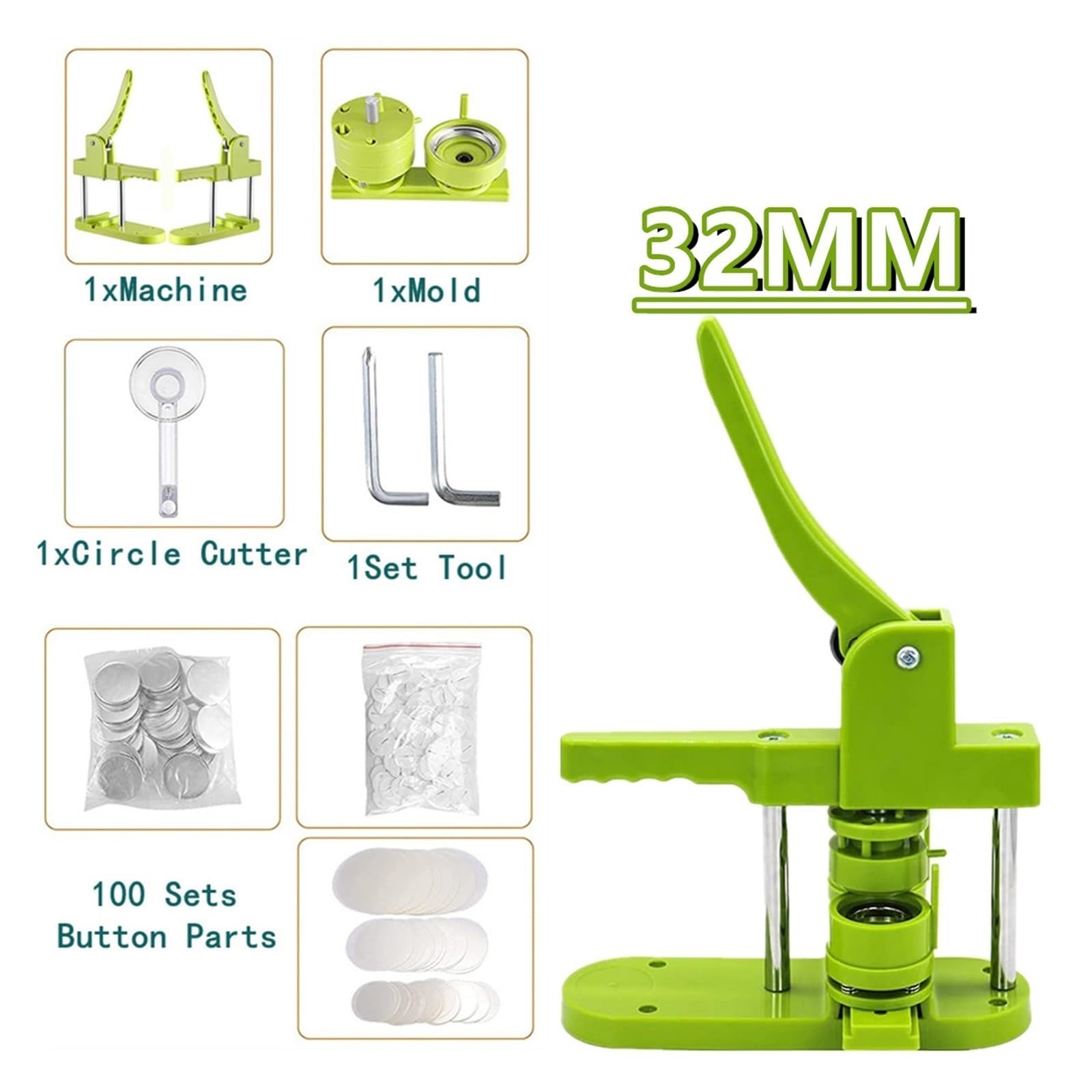 Distintivo Pin Button Maker Machine Distintivi Fai da Te Set 25MM-58MM Button Punch Press Maker Machine Button Parts + Circle Cutter(32MM Set Sliding)