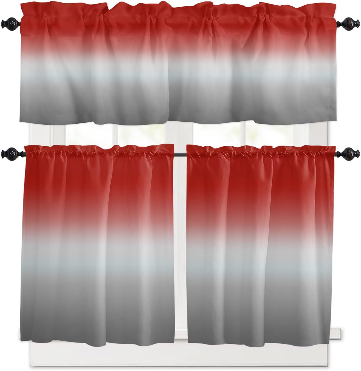 Red and Grey Kitchen Curtain Valance and Tiers Set Ombre