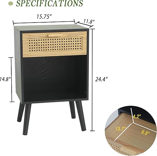 Miniatura 3 de MaxSmeo Mesita de noche moderna de mediados de siglo, mesa auxiliar de ratán con cajón para mesita de noche, sala de estar, dormitorio y espacios