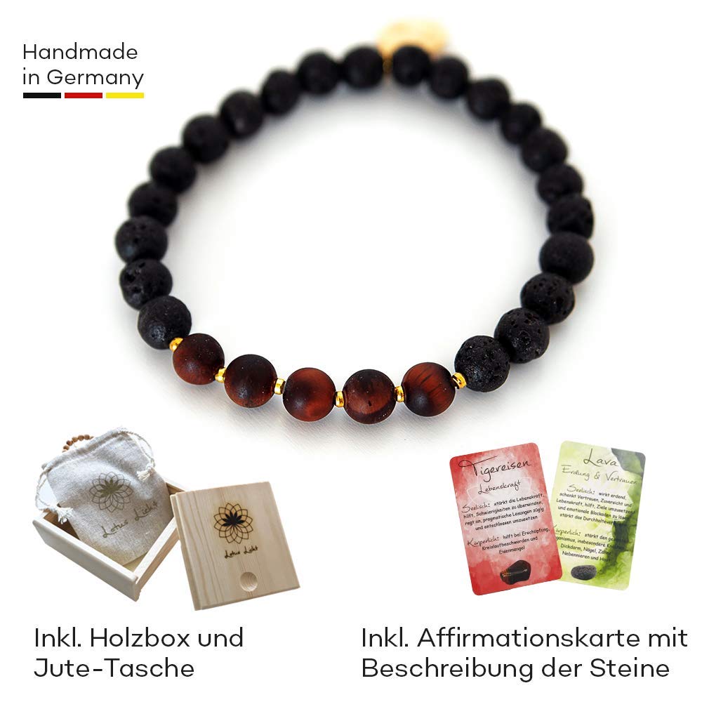 Tigereisen Edelstein Armband Edelsteinschmuck Set Holzbox Jute-Täschchen Affirmationskarten LEBENSKRAFT Naturstein & Lavastein