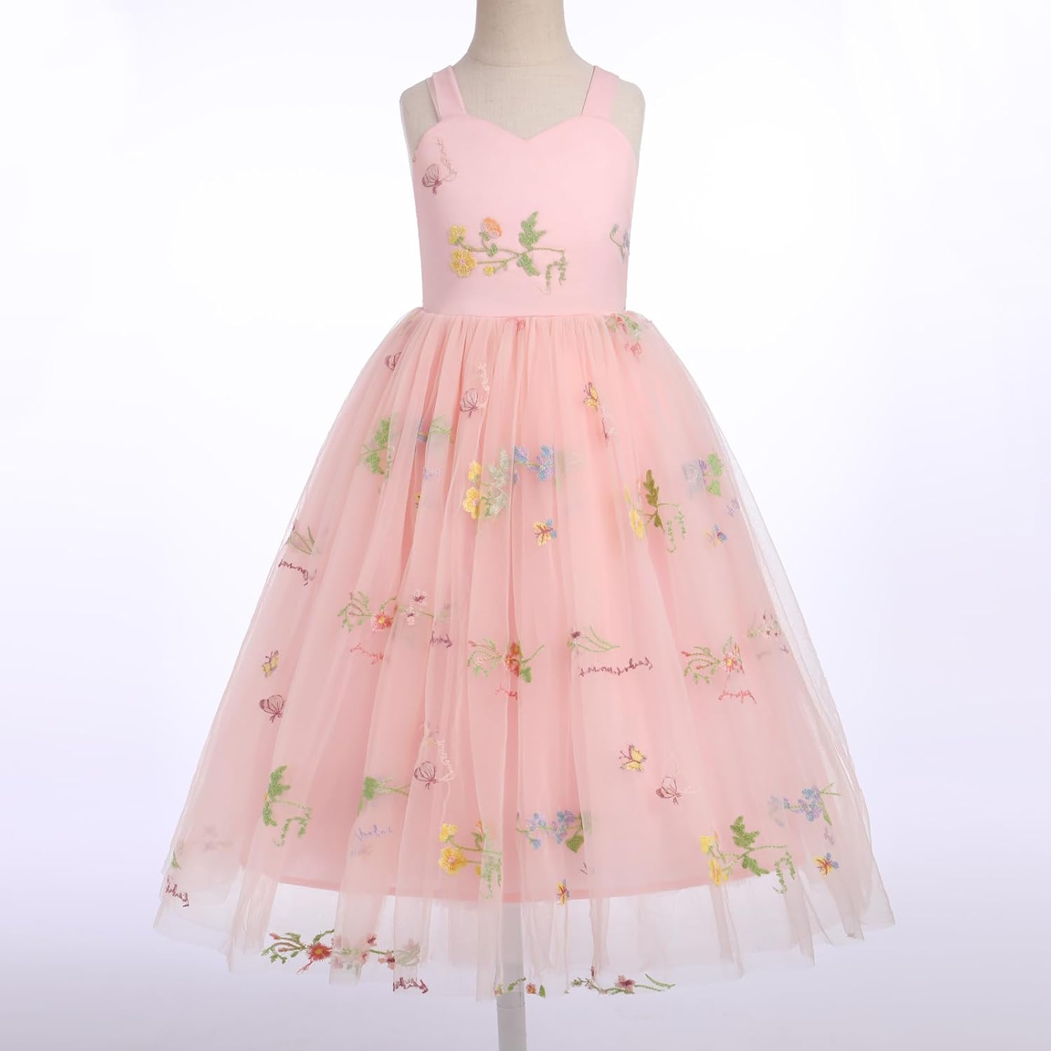 Floral Embroidered Tulle Dress Girls Sleeveless Spaghetti Straps Formal Birthday Wedding Pageant Party Tulle Dresses