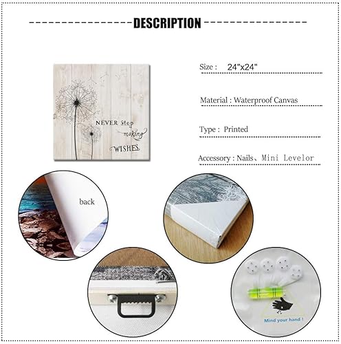 Miniatura 5 de Lienzo abstracto de flores para decoración de pared, diseño de diente de león negro con frase en inglés "Never Stosp Making Wishes", impresión de