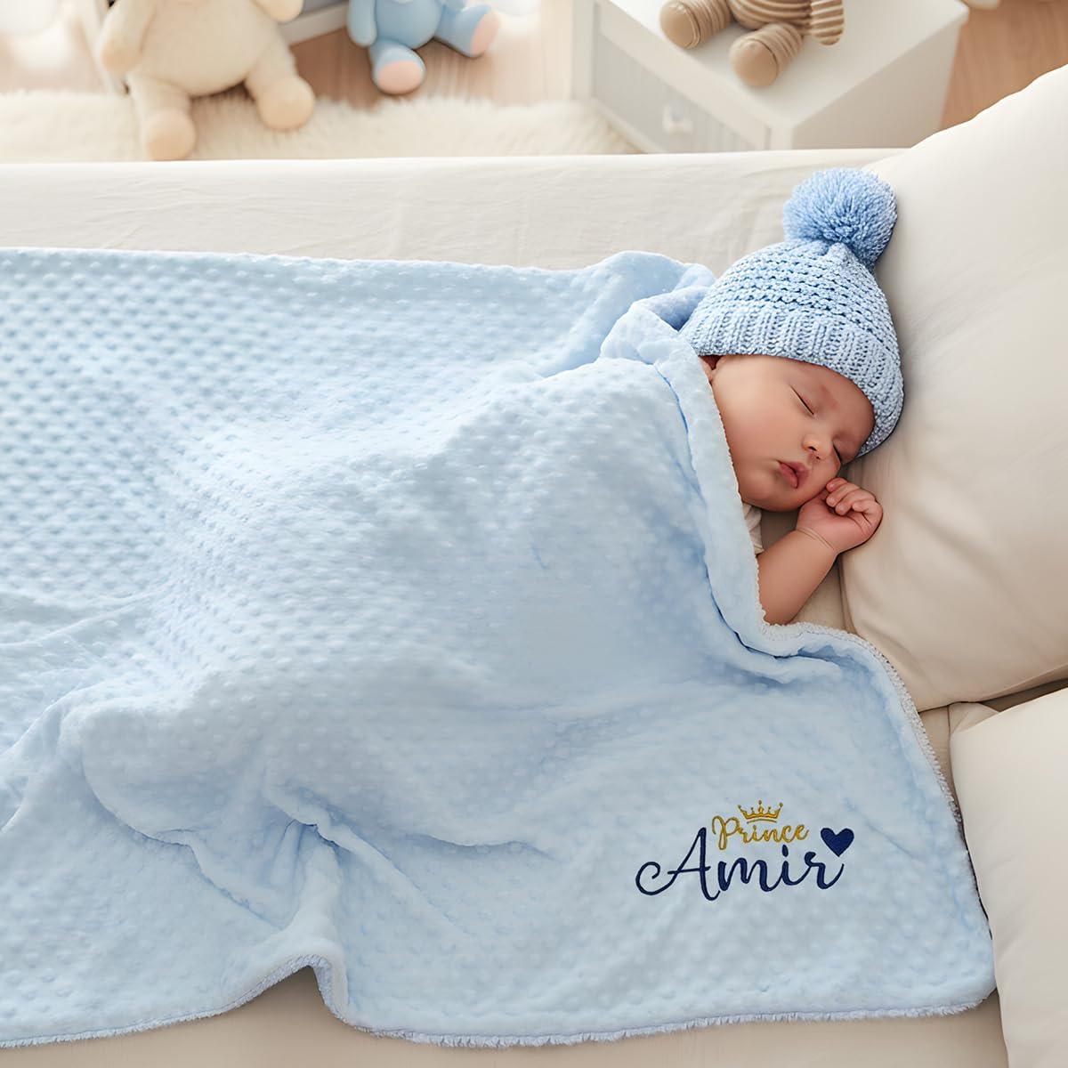 Bella's Giftshop Personalized Baby Blankets for Boys, Custom Embroidered Minky Fleece Baby Blanket with Name, Perfect Newborn Shower Christening Birthday Gifts, Ultra Soft, 27 * 35 inch-Blue