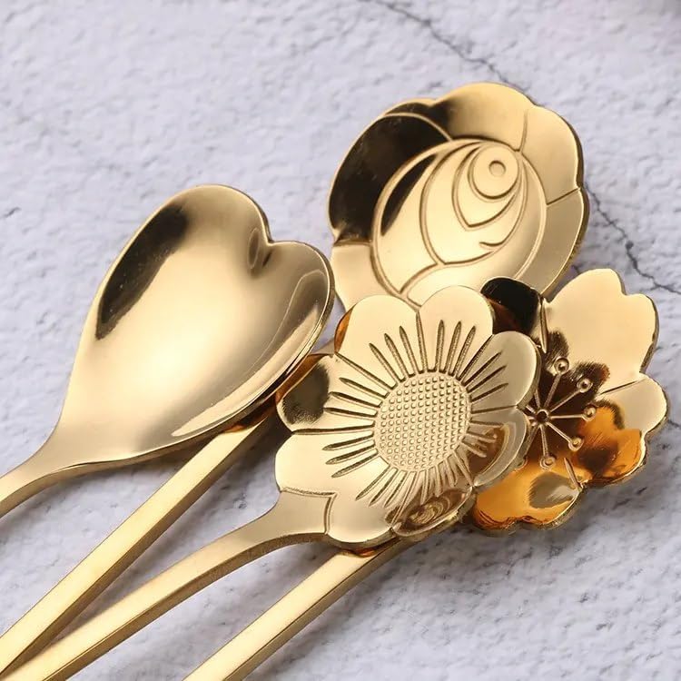 Image of Stainless Steel Gold Coffee Spoon Set, Dessert Spoons with Flower and Heart Shapes, 24 Centimeter, Set of 4